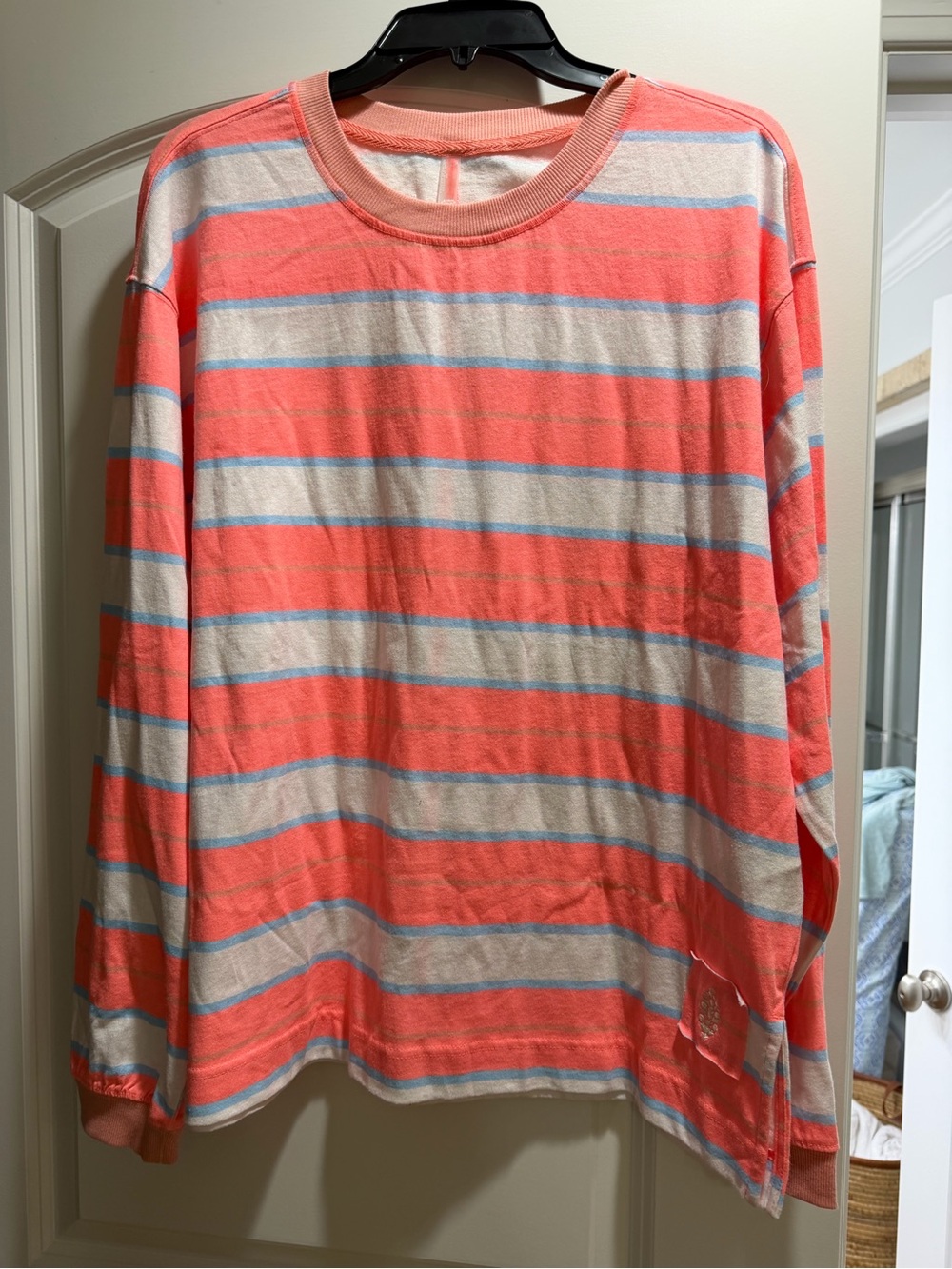 Free People Coral, White & Light Blue Striped Long Sleeve Tee